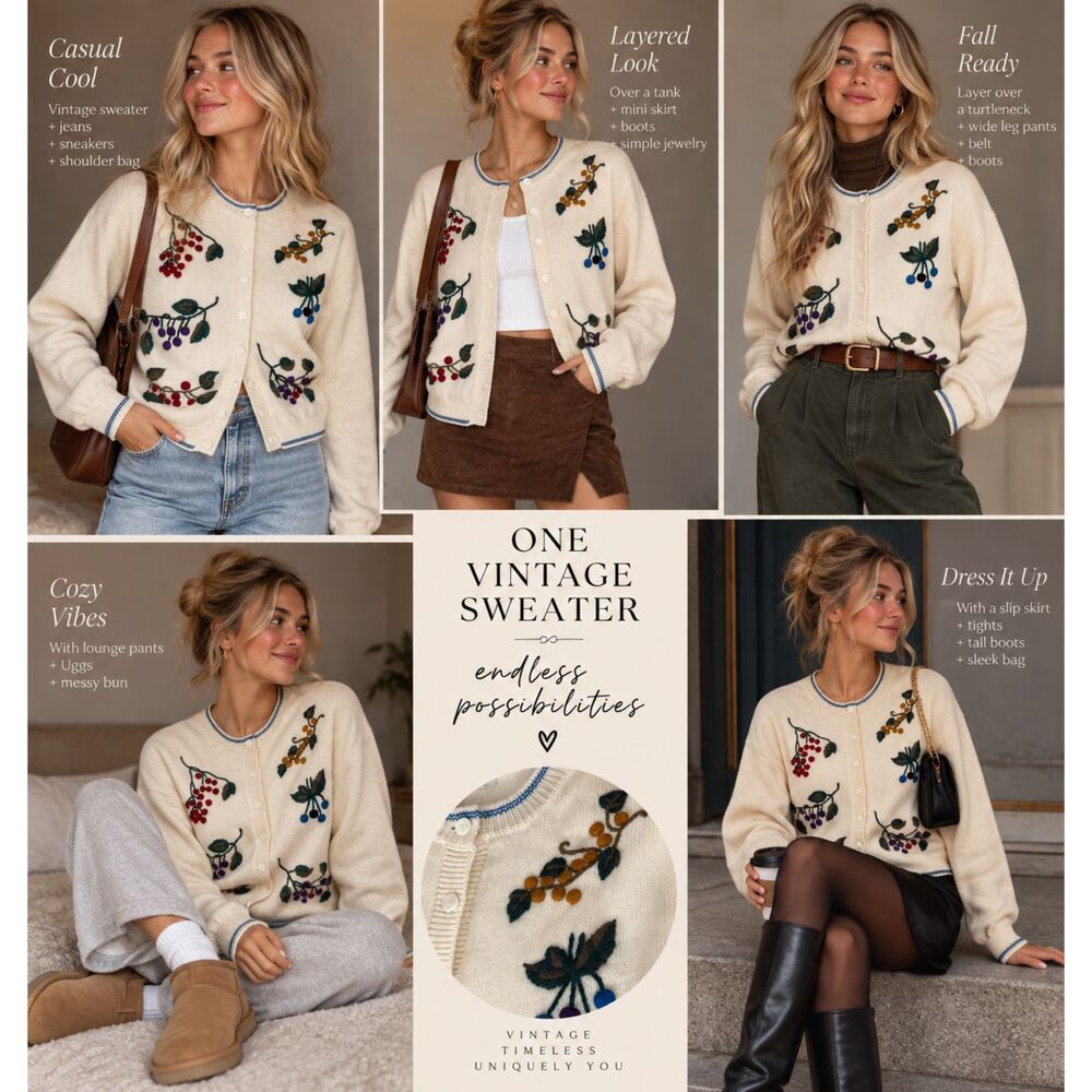 Vintage Austin Hill Embroidered Cream Cardigan Sweater Wool Blend Size Small